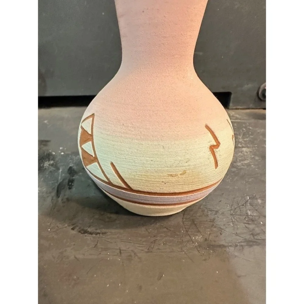 Sun Fox Southwestern Pottery Bud Vase Hand Etched Pink Yellow Geometric 4.5 Inch